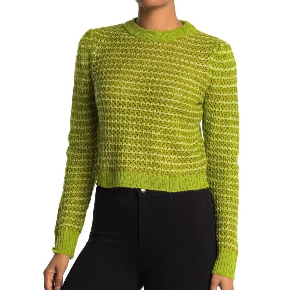 WAYF Women's Waffle Stripe Long Sleeve Crewneck Pullover Sweater In Green Xsmall